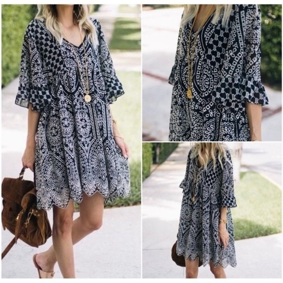 Anthropologie Akemi + Kin Brooke Eyelet Swing Dress Black White Lace Boho Size 4 - Picture 10 of 16